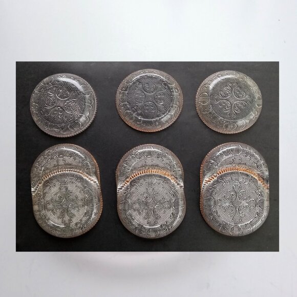 VTG Depression Jeannette Glass Harp Beaded Set of 6 Coasters Pats Sauce Dishes - Picture 2 of 12